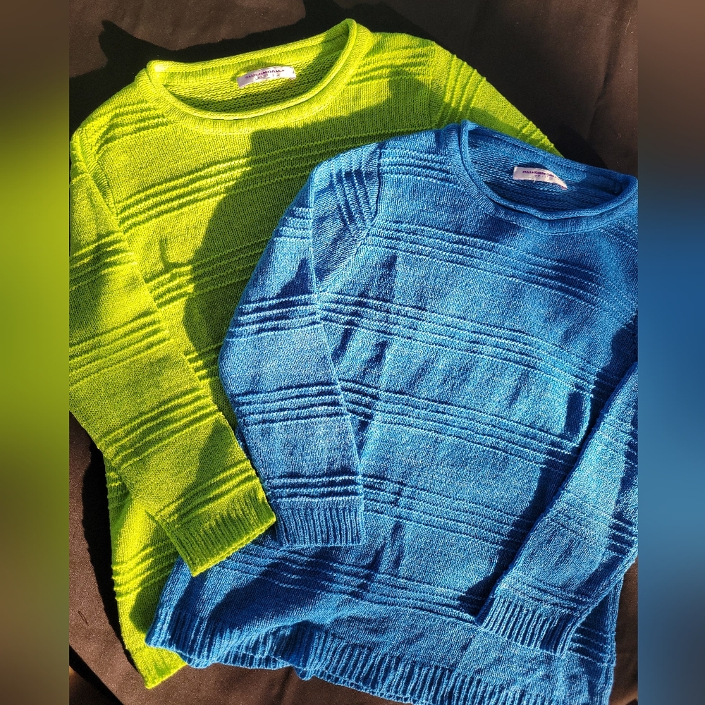 Allison Daley Neon Green Electric Blue Knit Sweater Medium Petite 80's 90's Vint